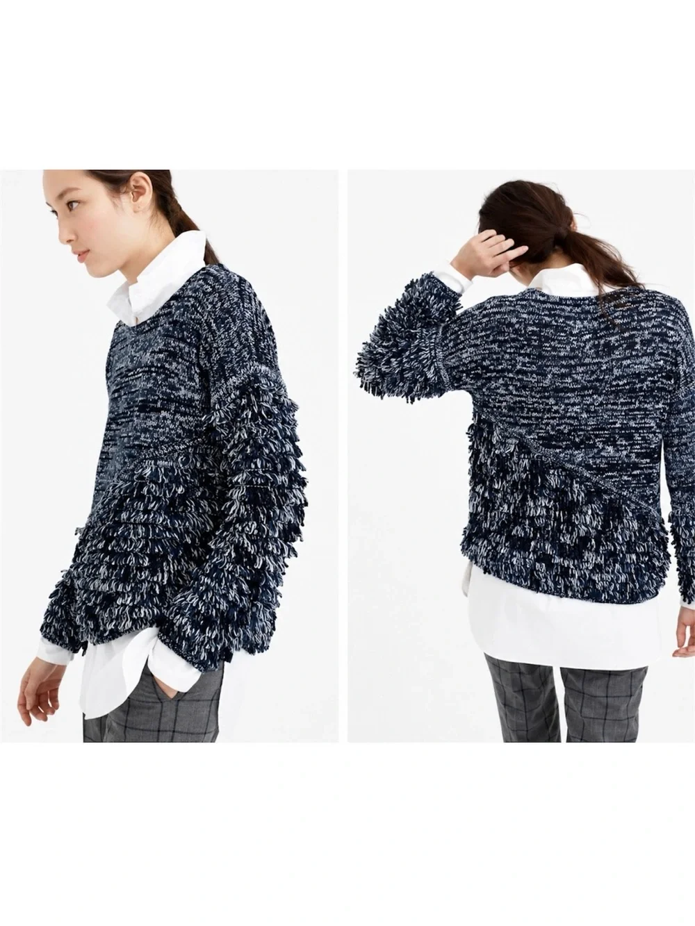 J.Crew Collection Fringe Bouclé Sweater S Navy White Marled Cotton Blend Knit